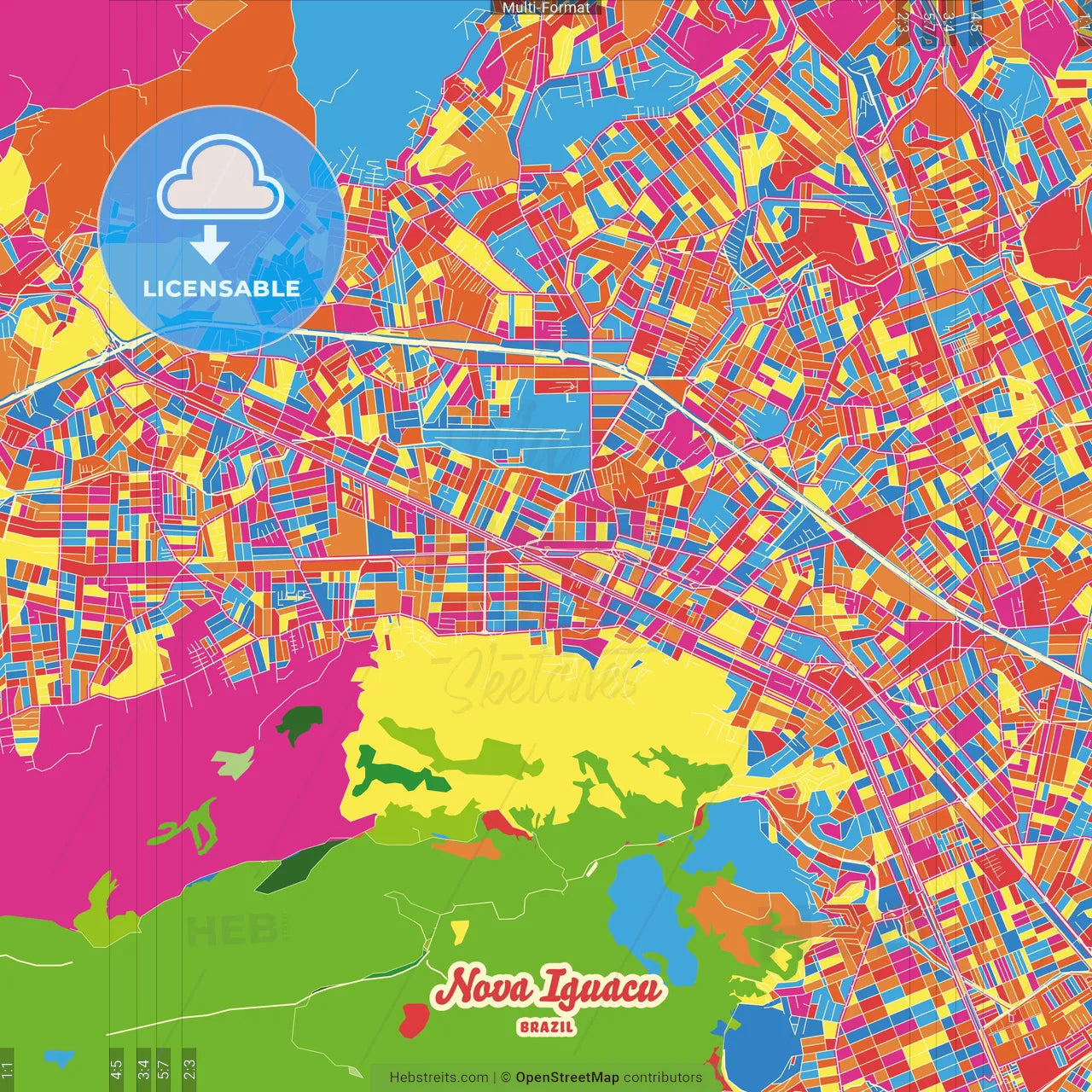Nova Iguacu, Brazil Crazy Colorful Street Map Poster Template