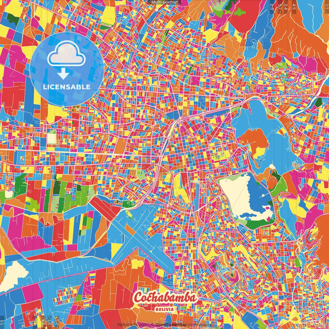 Cochabamba, Bolivia Crazy Colorful Street Map Poster Template