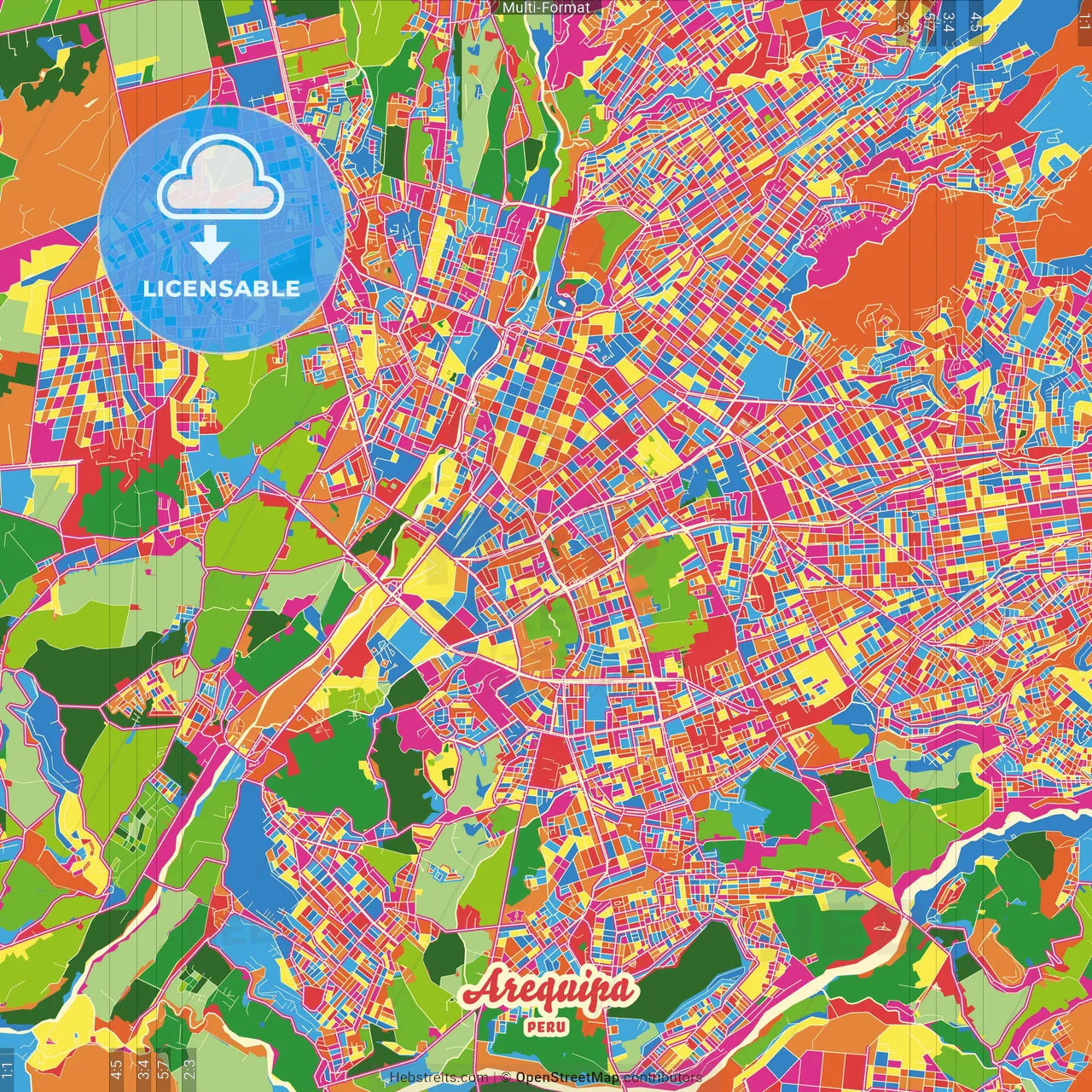 Arequipa, Peru Crazy Colorful Street Map Poster Template