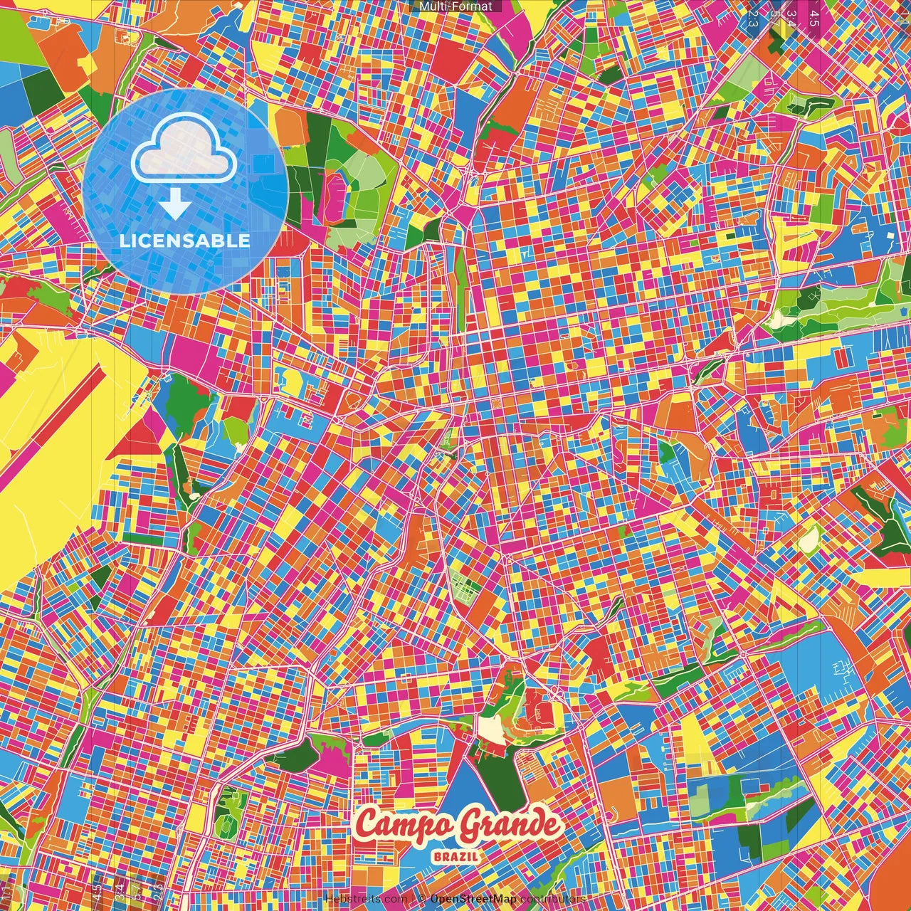 Campo Grande, Brazil Crazy Colorful Street Map Poster Template