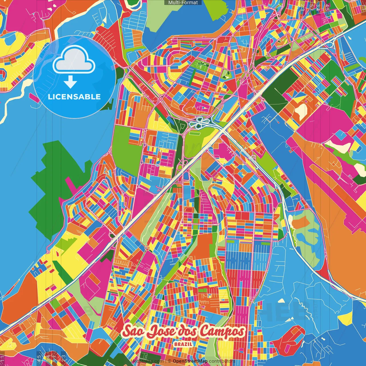 Sao Jose dos Campos, Brazil Crazy Colorful Street Map Poster Template