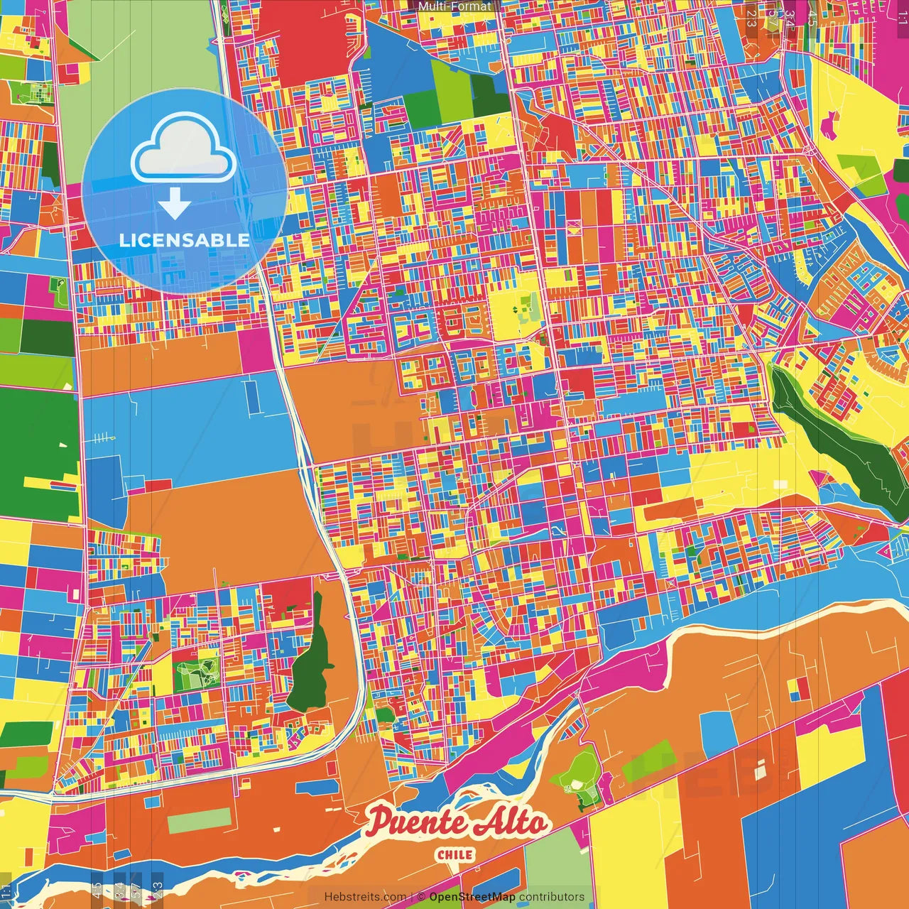 Puente Alto, Chile Crazy Colorful Street Map Poster Template