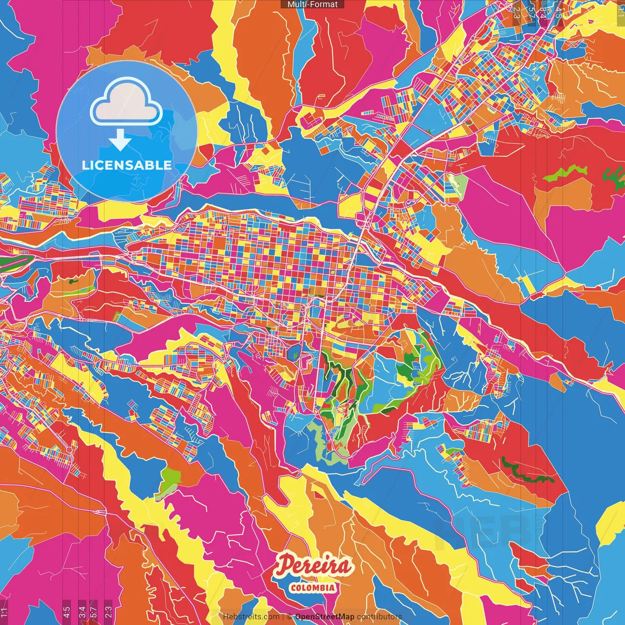 Pereira, Colombia Crazy Colorful Street Map Poster Template