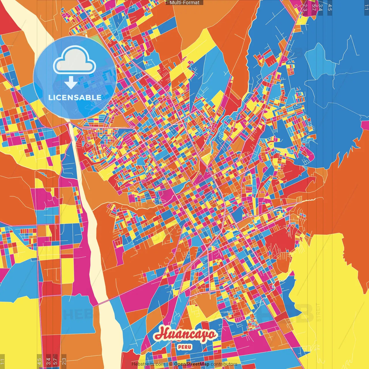 Huancayo, Peru Crazy Colorful Street Map Poster Template