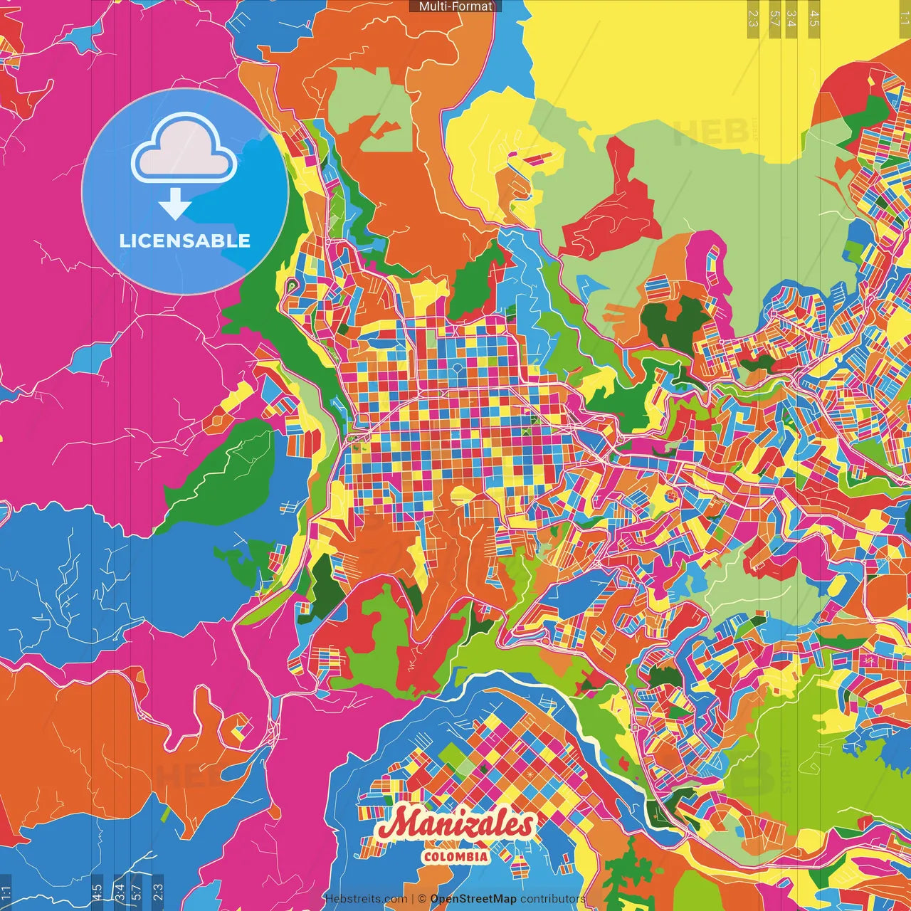 Manizales, Colombia Crazy Colorful Street Map Poster Template