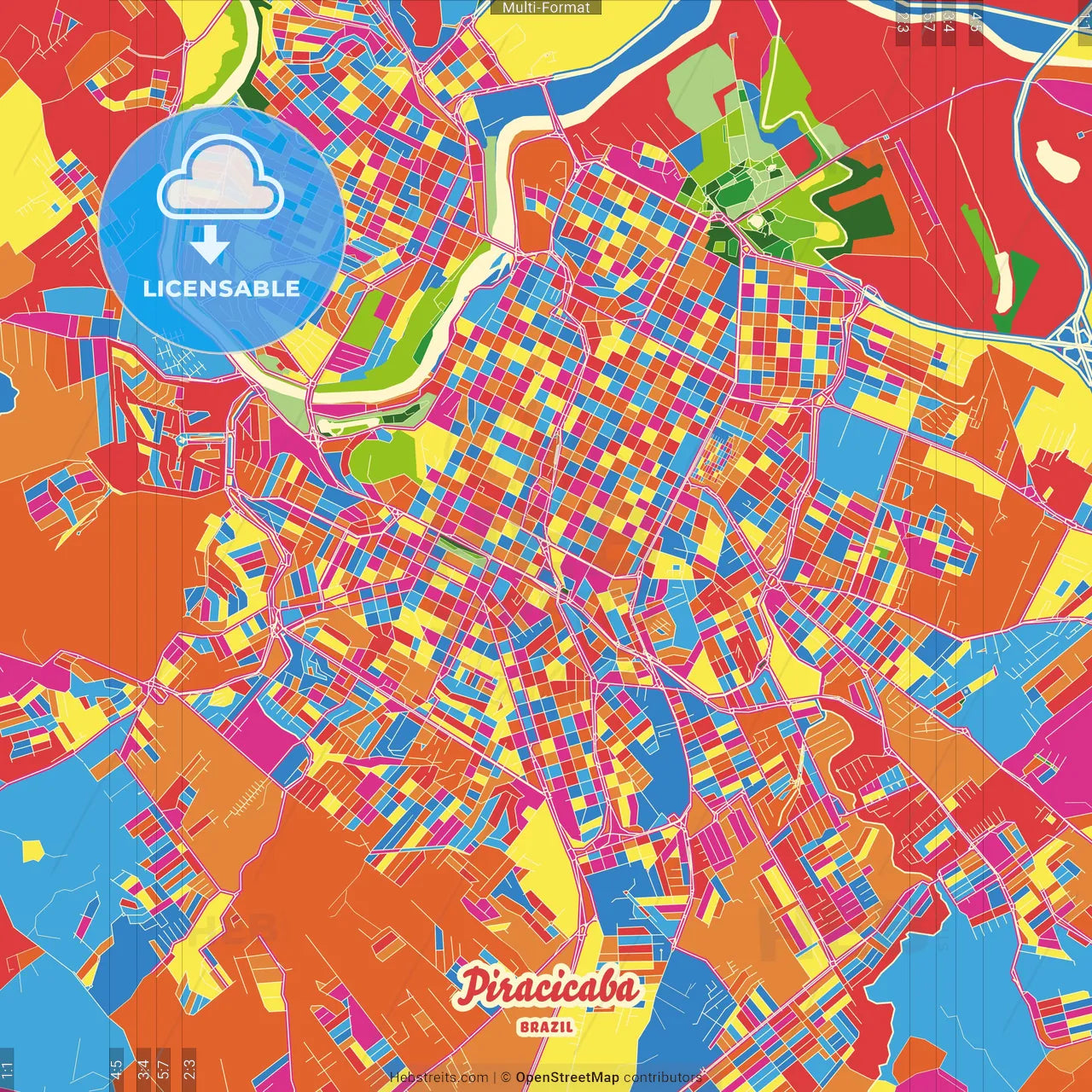 Piracicaba, Brazil Crazy Colorful Street Map Poster Template