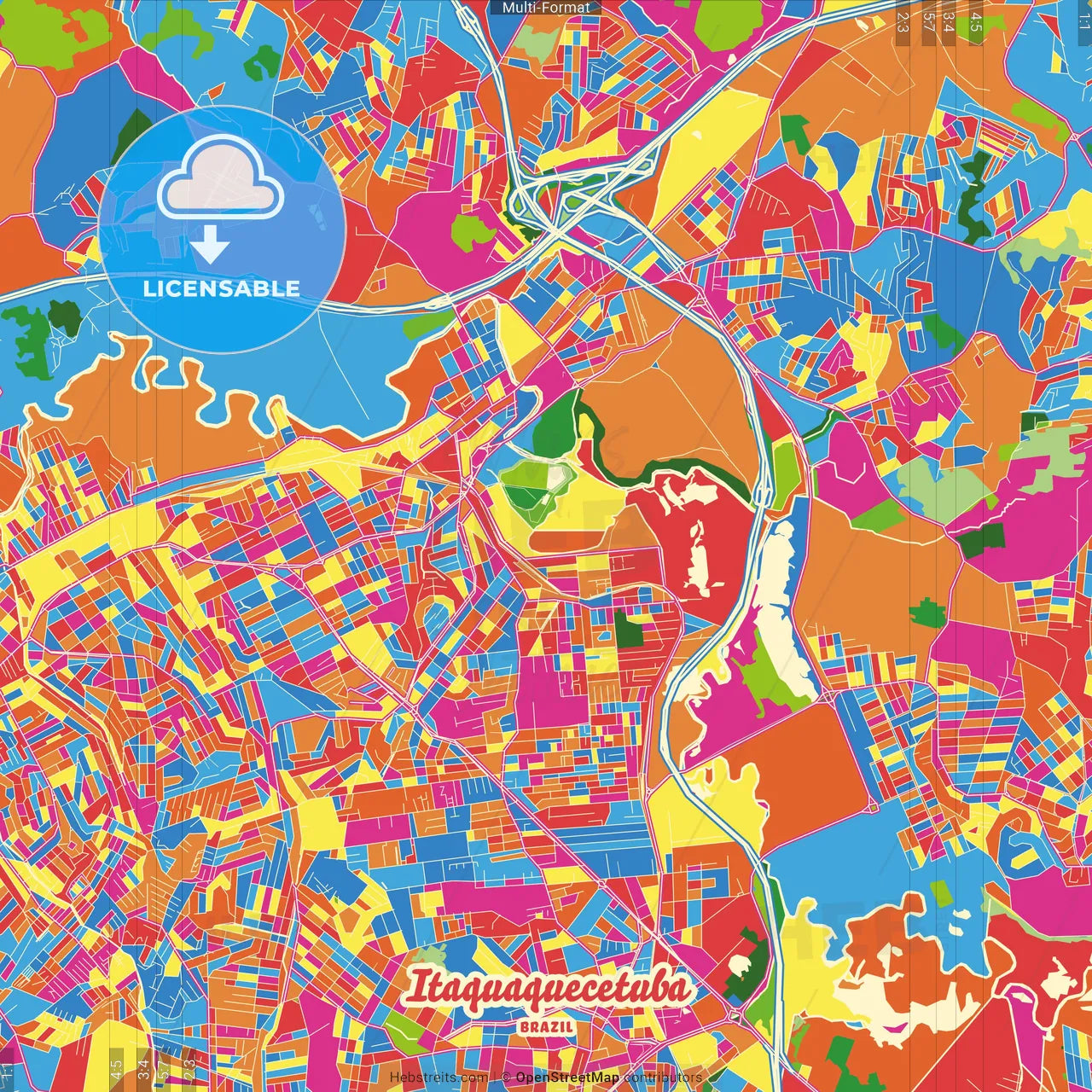 Itaquaquecetuba, Brazil Crazy Colorful Street Map Poster Template