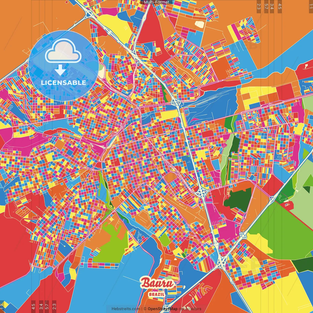 Bauru, Brazil Crazy Colorful Street Map Poster Template