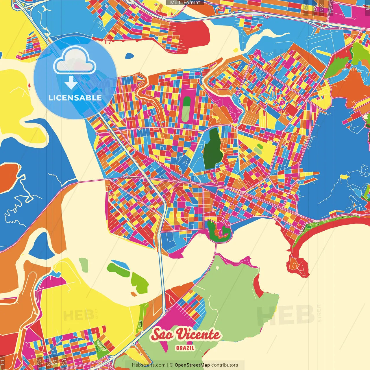 Sao Vicente, Brazil Crazy Colorful Street Map Poster Template