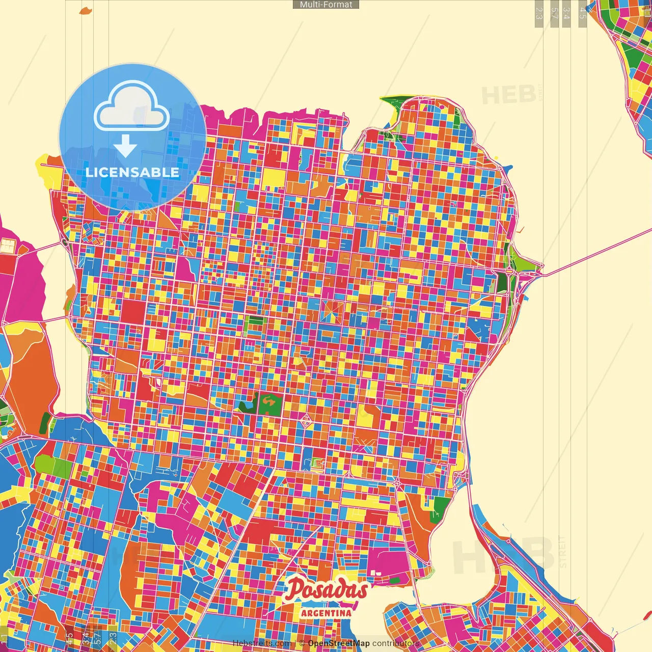 Posadas, Argentina Crazy Colorful Street Map Poster Template