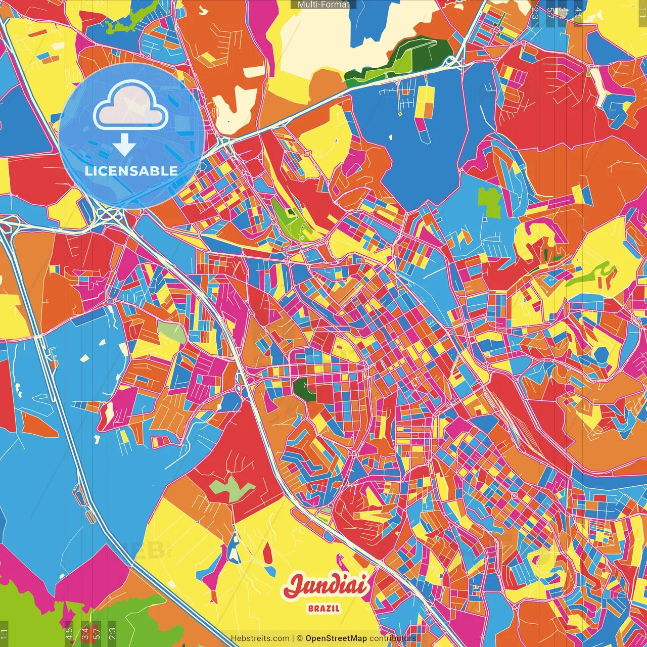 Jundiai, Brazil Crazy Colorful Street Map Poster Template