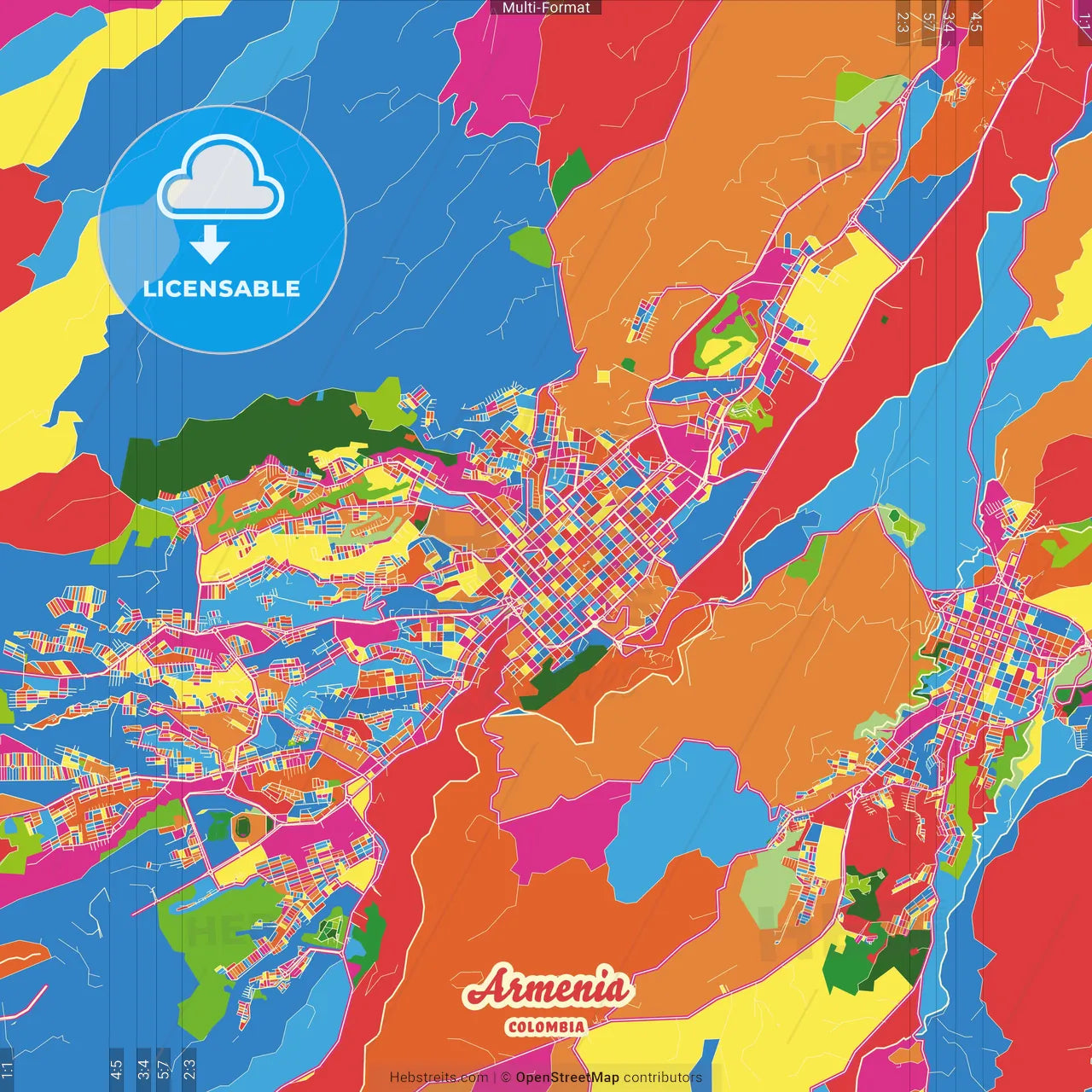 Armenia, Colombia Crazy Colorful Street Map Poster Template