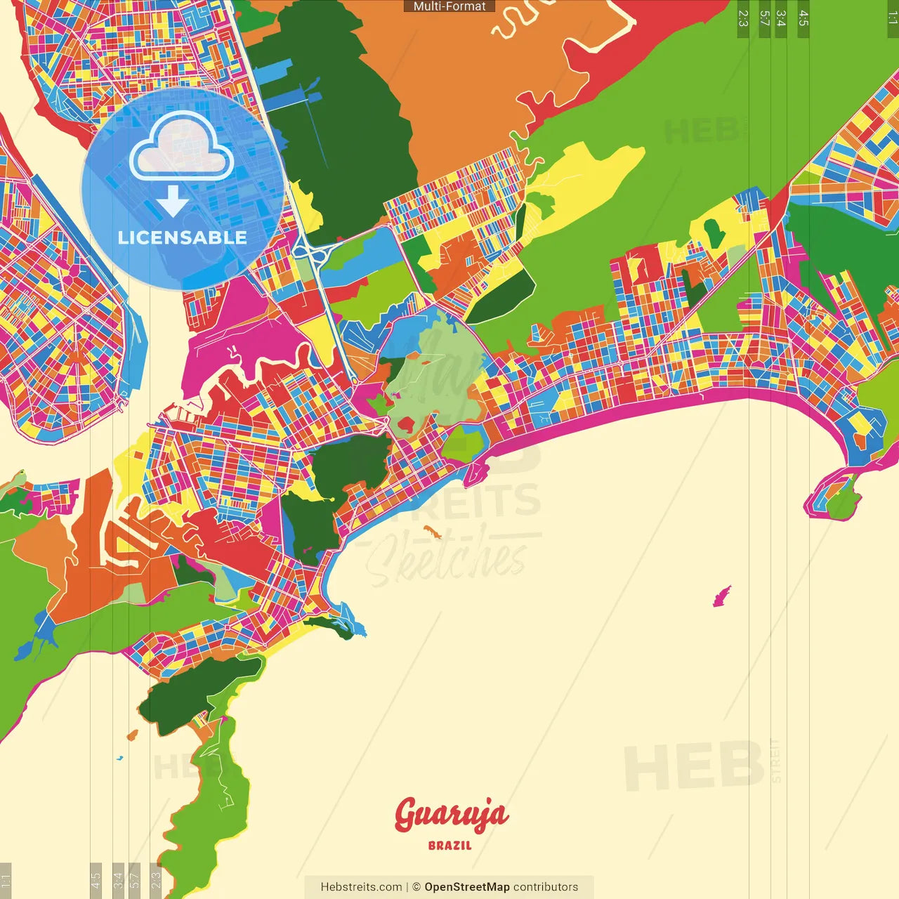 Guaruja, Brazil Crazy Colorful Street Map Poster Template