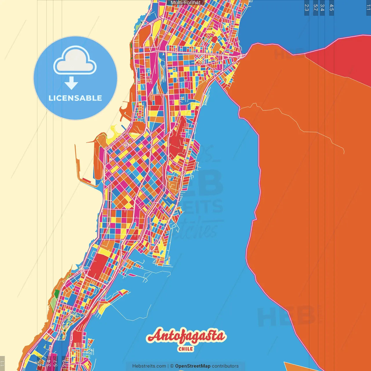 Antofagasta, Chile Crazy Colorful Street Map Poster Template