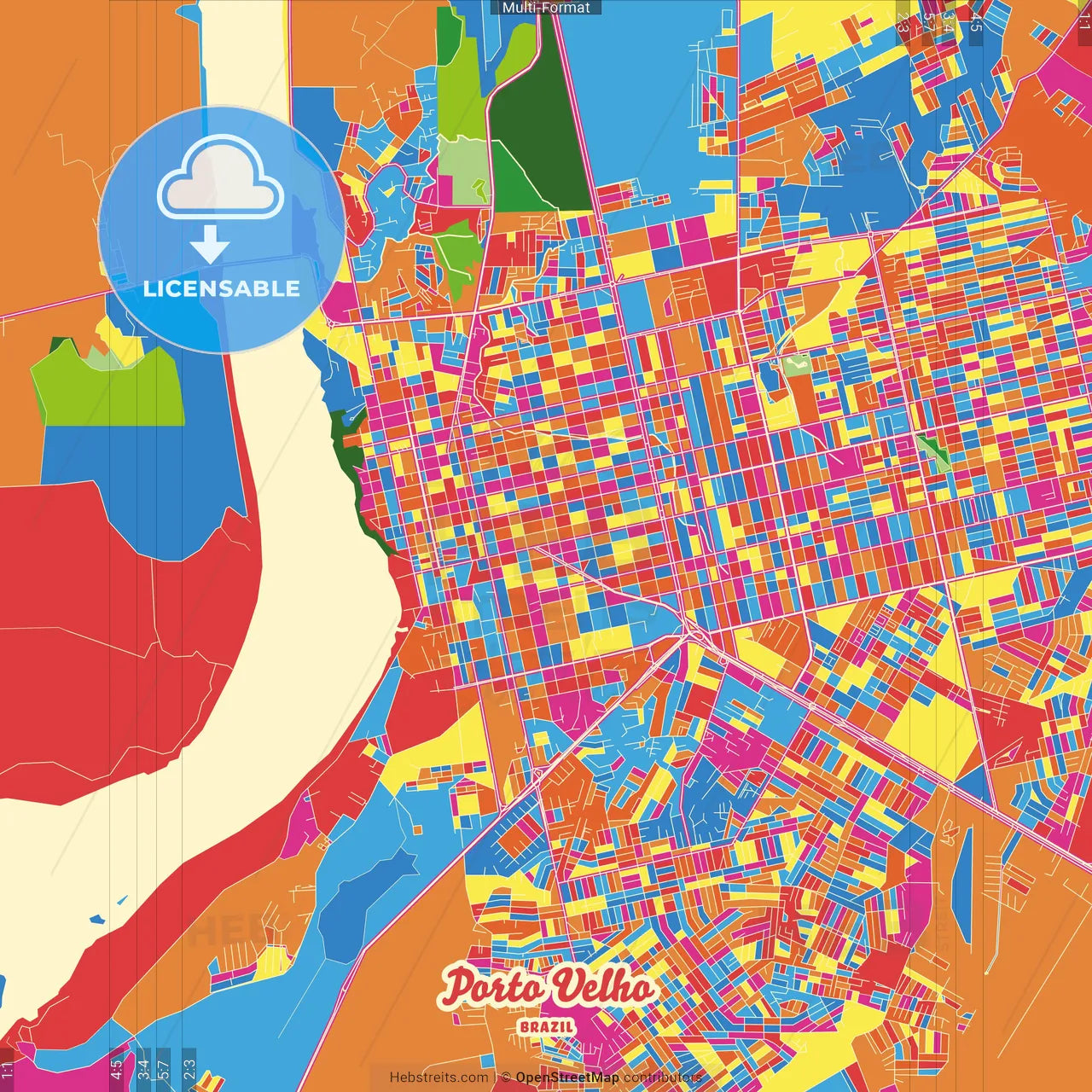 Porto Velho, Brazil Crazy Colorful Street Map Poster Template
