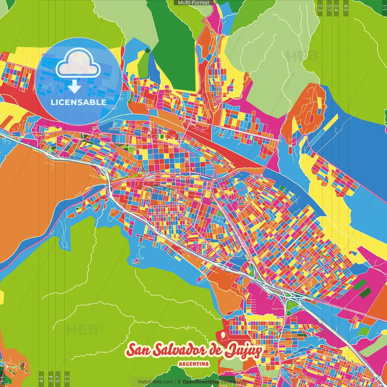 San Salvador de Jujuy, Argentina Crazy Colorful Street Map Poster Template