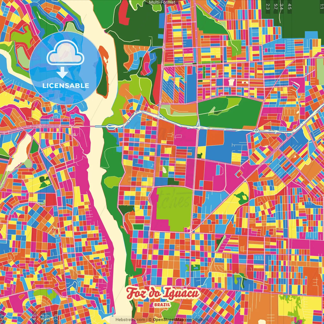 Foz do Iguacu, Brazil Crazy Colorful Street Map Poster Template