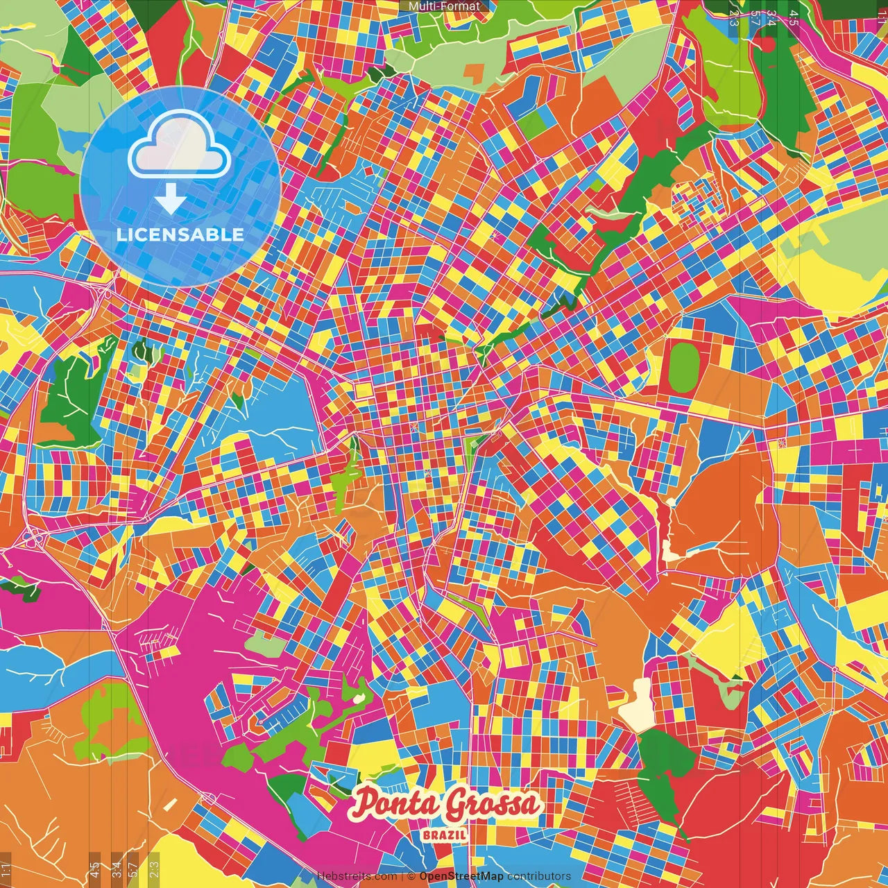 Ponta Grossa, Brazil Crazy Colorful Street Map Poster Template