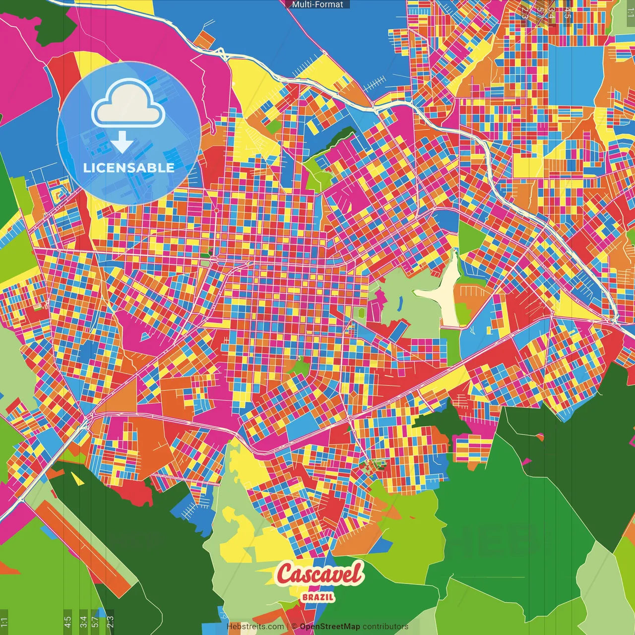 Cascavel, Brazil Crazy Colorful Street Map Poster Template