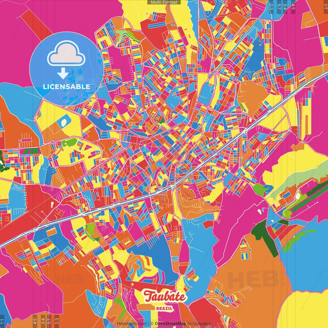 Taubate, Brazil Crazy Colorful Street Map Poster Template