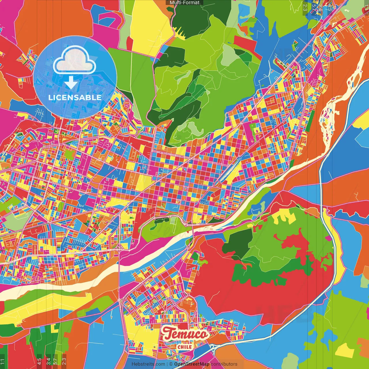 Temuco, Chile Crazy Colorful Street Map Poster Template
