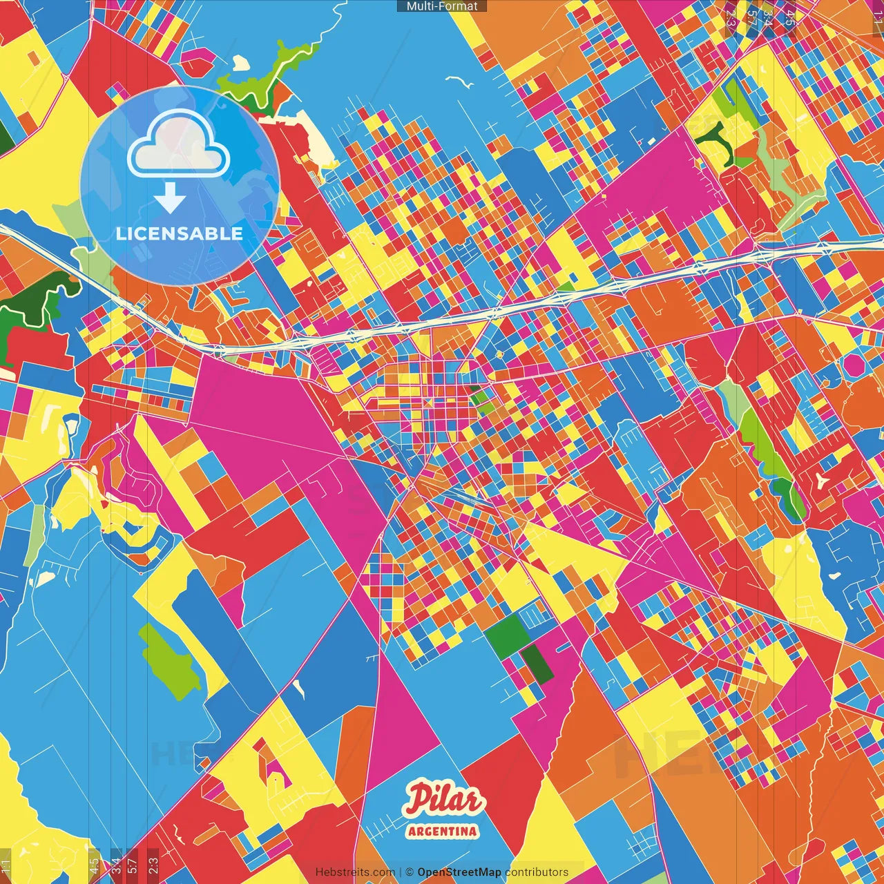 Pilar, Argentina Crazy Colorful Street Map Poster Template
