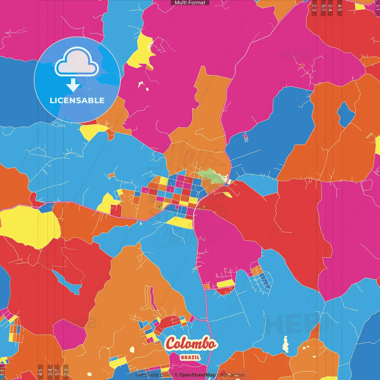 Colombo, Brazil Crazy Colorful Street Map Poster Template