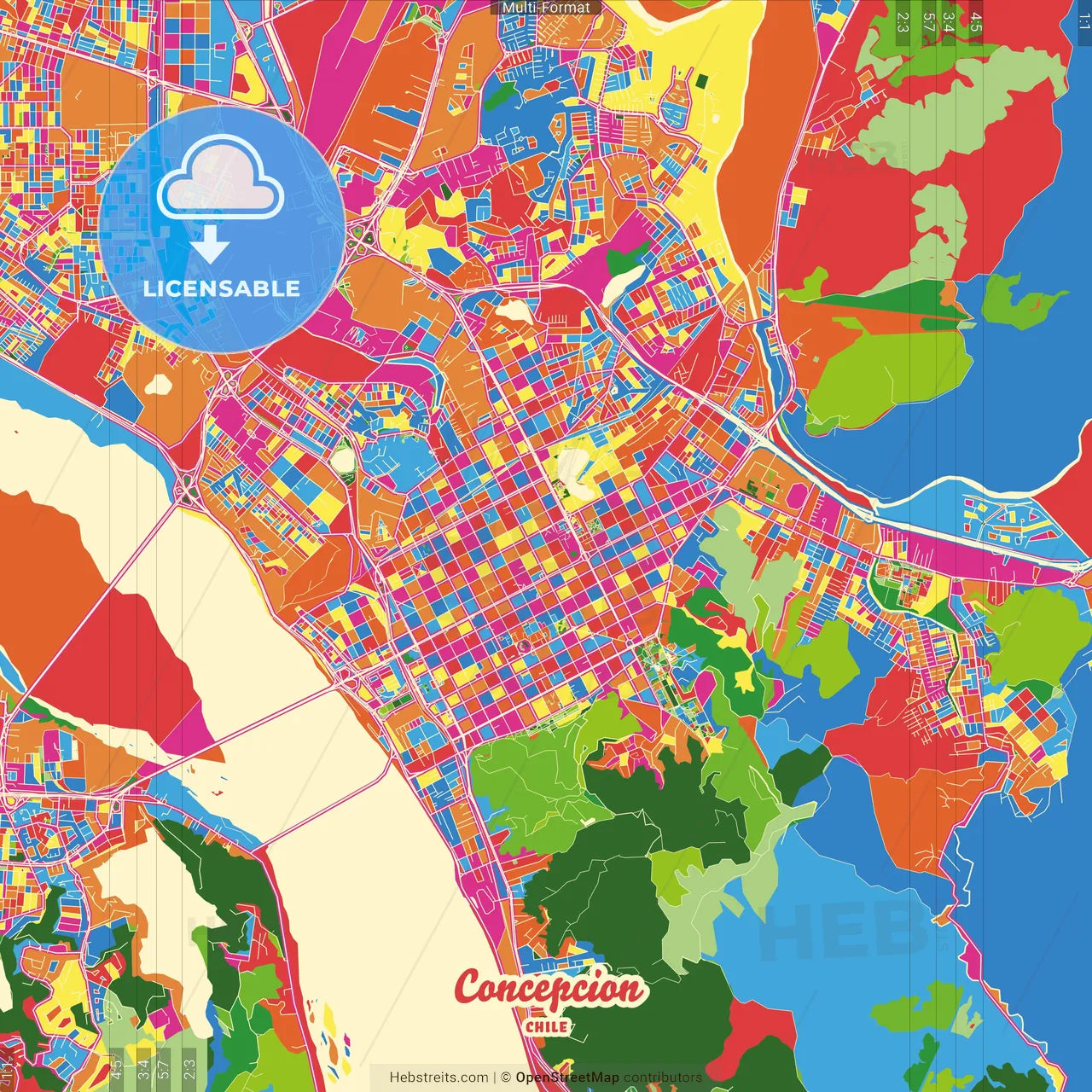 Concepcion, Chile Crazy Colorful Street Map Poster Template