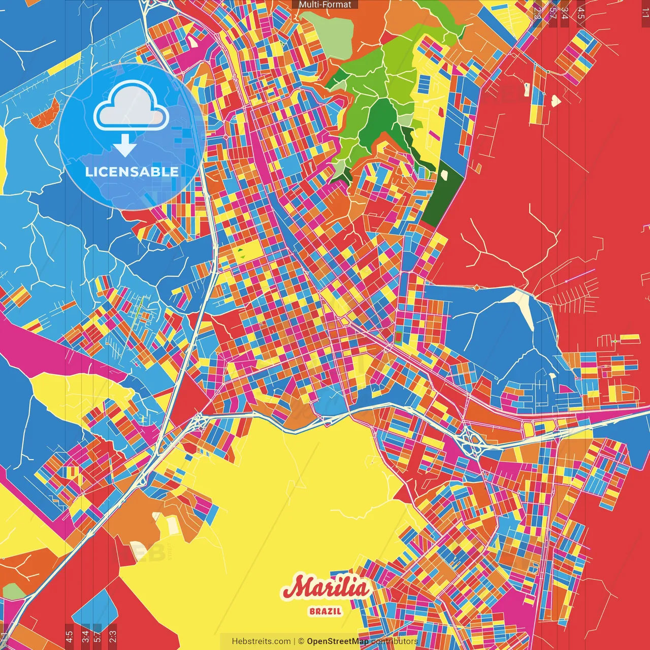 Marilia, Brazil Crazy Colorful Street Map Poster Template
