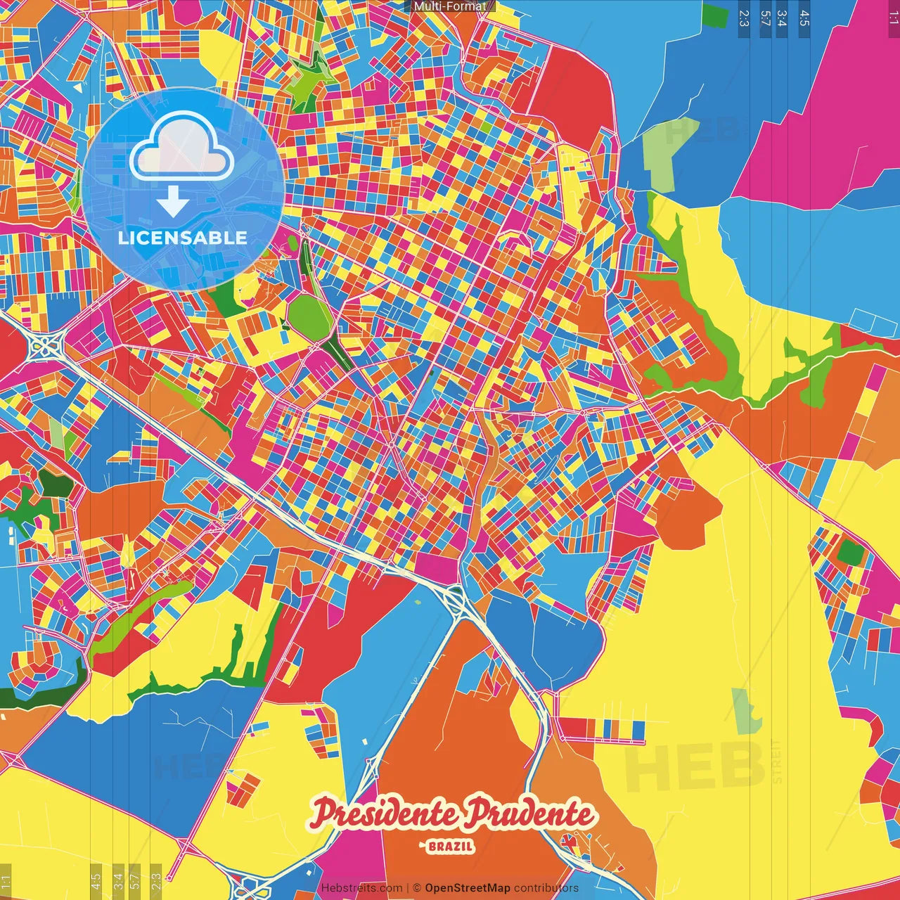 Presidente Prudente, Brazil Crazy Colorful Street Map Poster Template