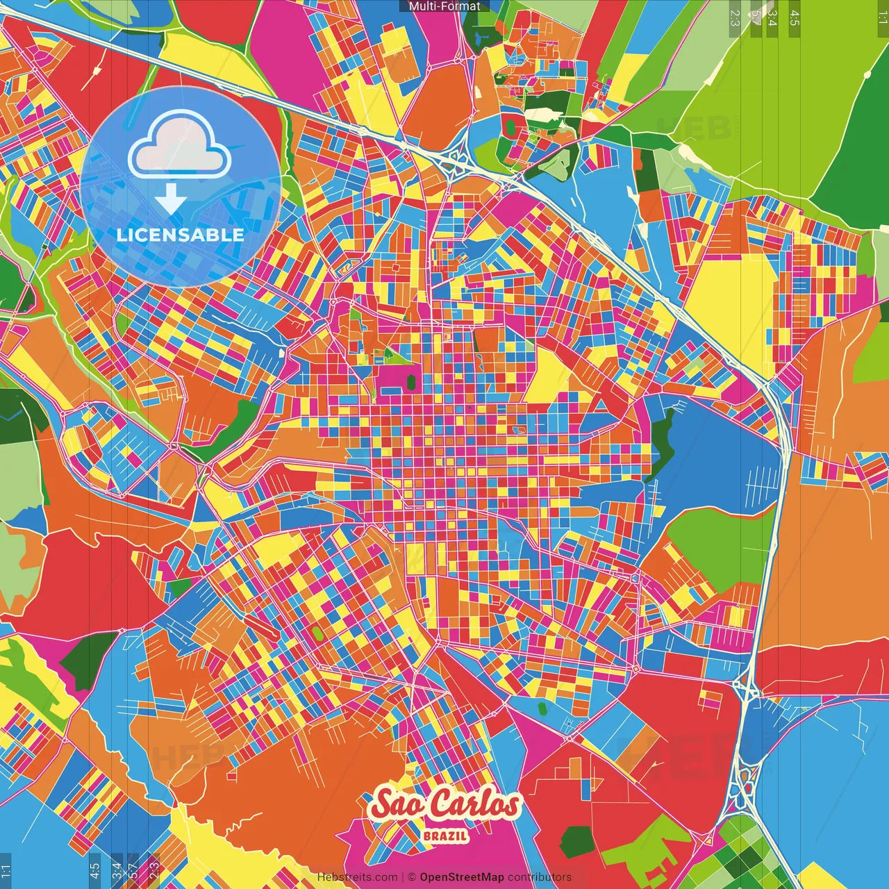 Sao Carlos, Brazil Crazy Colorful Street Map Poster Template