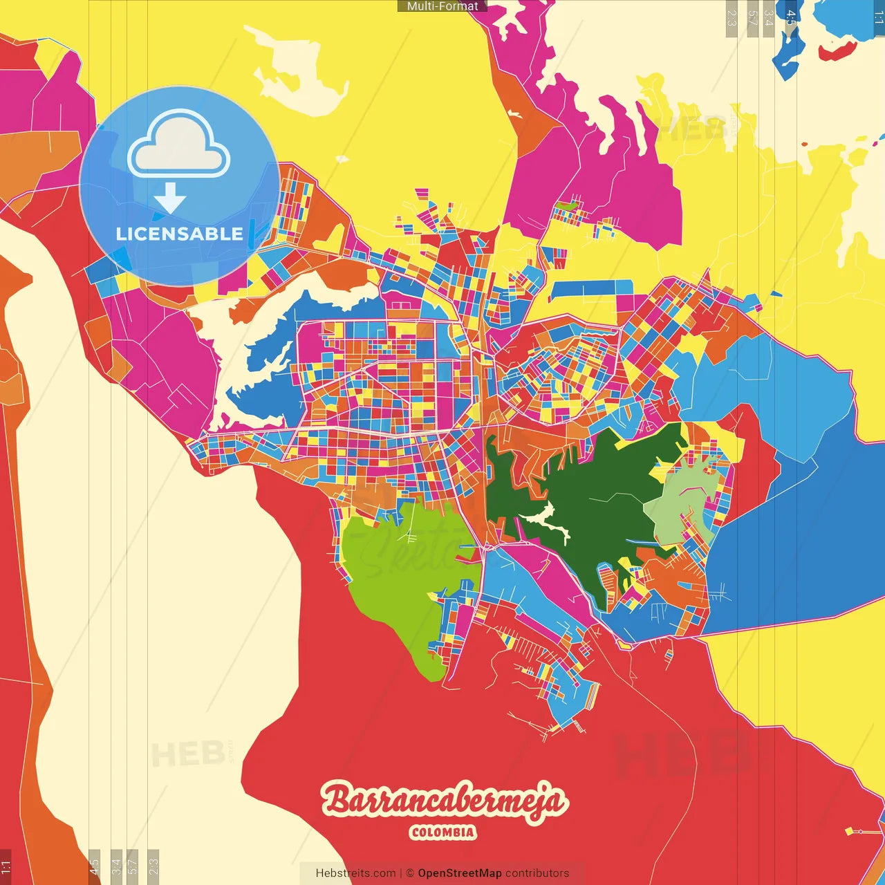 Barrancabermeja, Colombia Crazy Colorful Street Map Poster Template