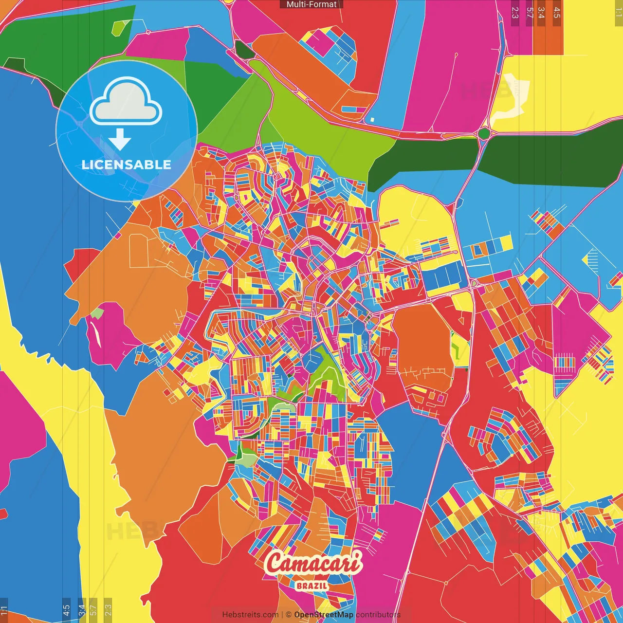 Camacari, Brazil Crazy Colorful Street Map Poster Template