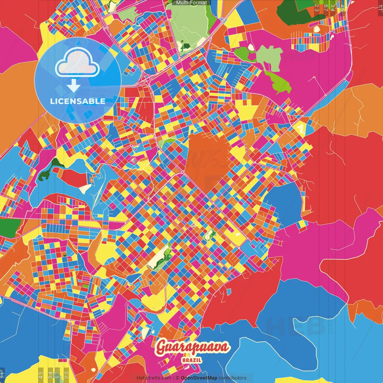 Guarapuava, Brazil Crazy Colorful Street Map Poster Template