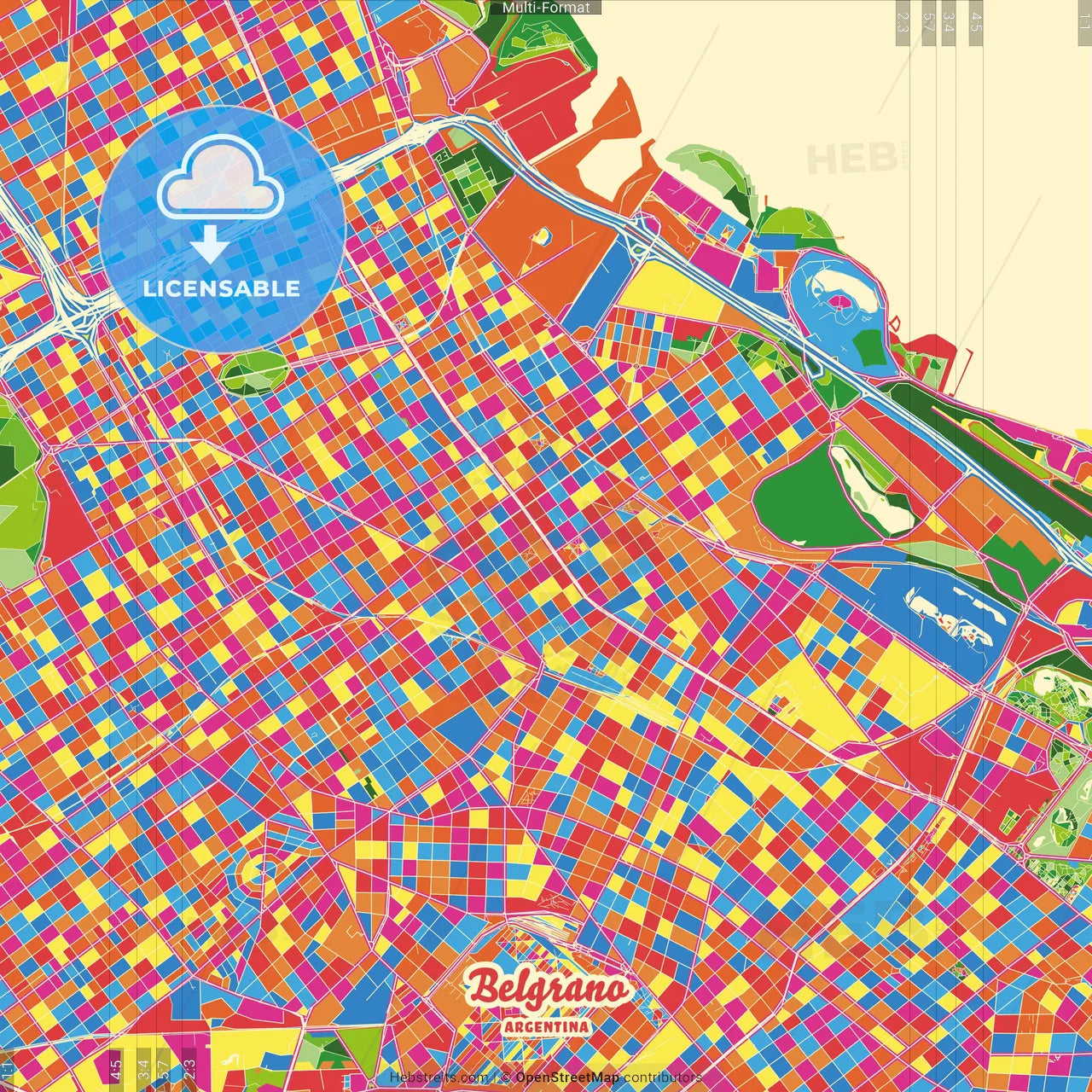 Belgrano, Argentina Crazy Colorful Street Map Poster Template