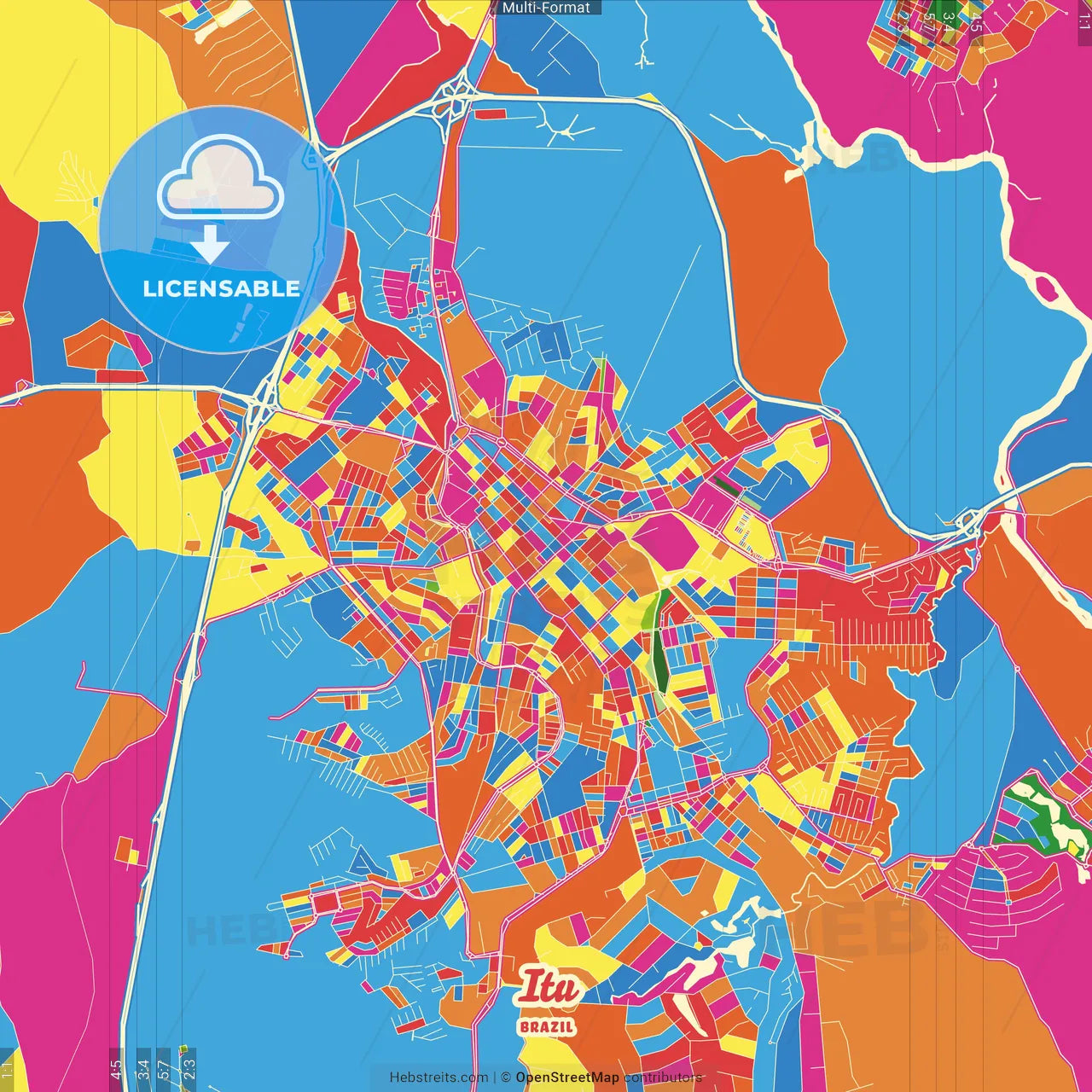 Itu, Brazil Crazy Colorful Street Map Poster Template