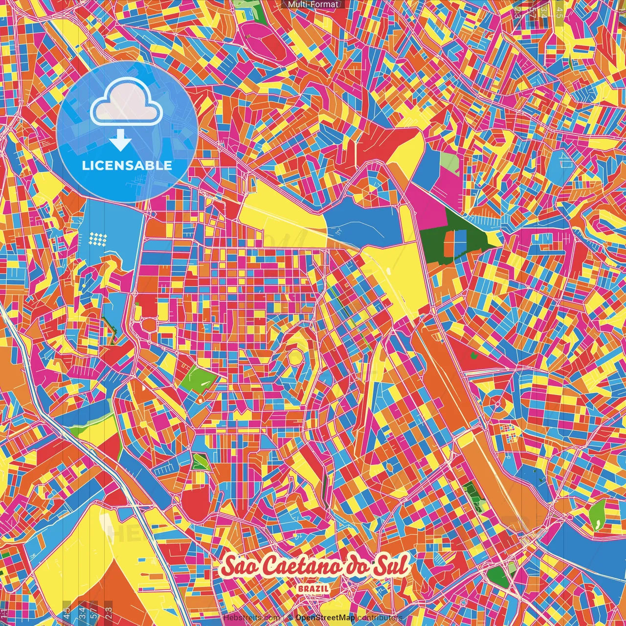 Sao Caetano do Sul, Brazil Crazy Colorful Street Map Poster Template