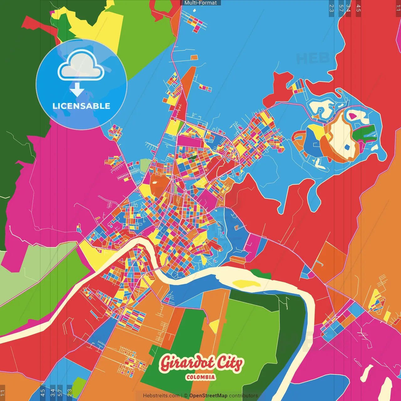 Girardot City, Colombia Crazy Colorful Street Map Poster Template