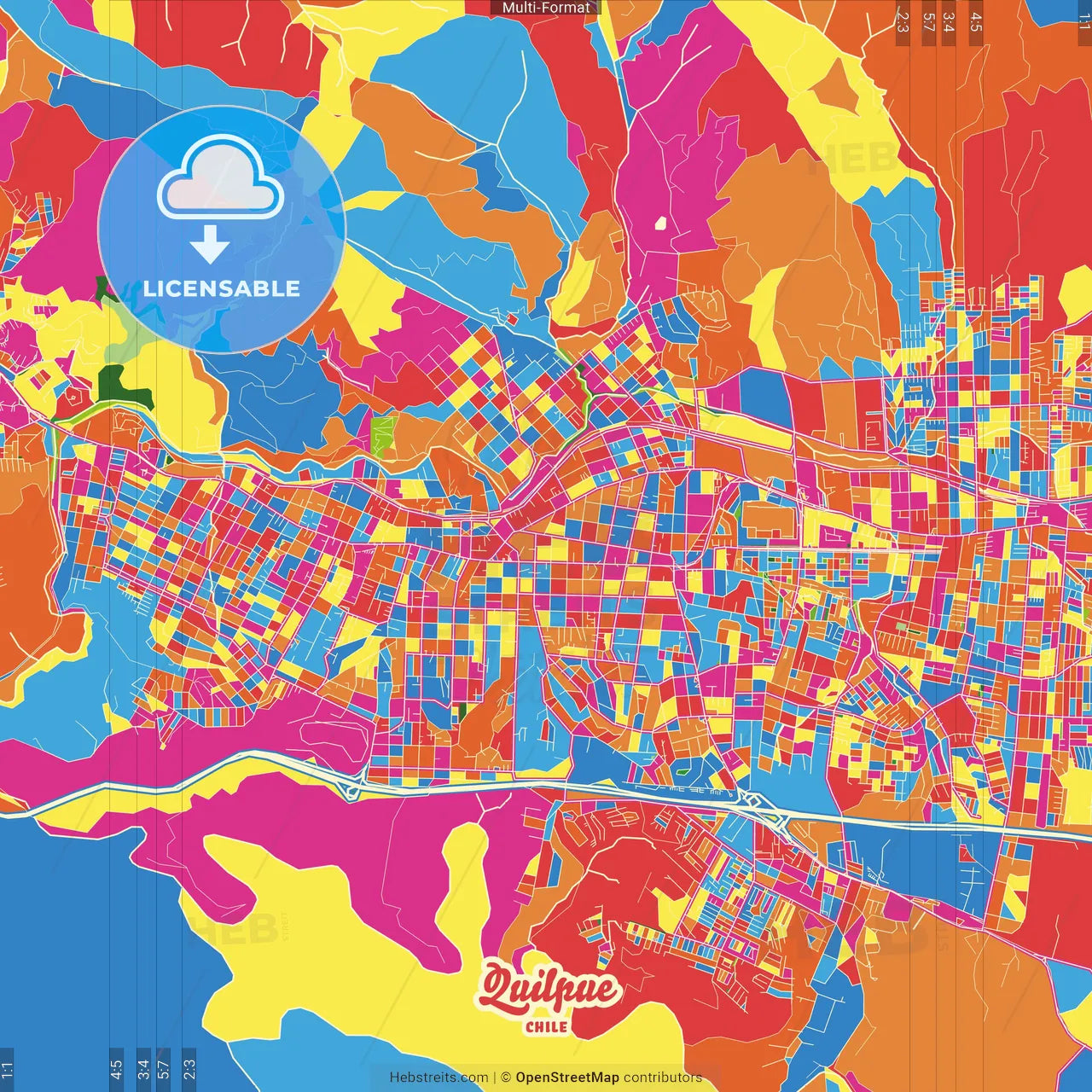 Quilpue, Chile Crazy Colorful Street Map Poster Template
