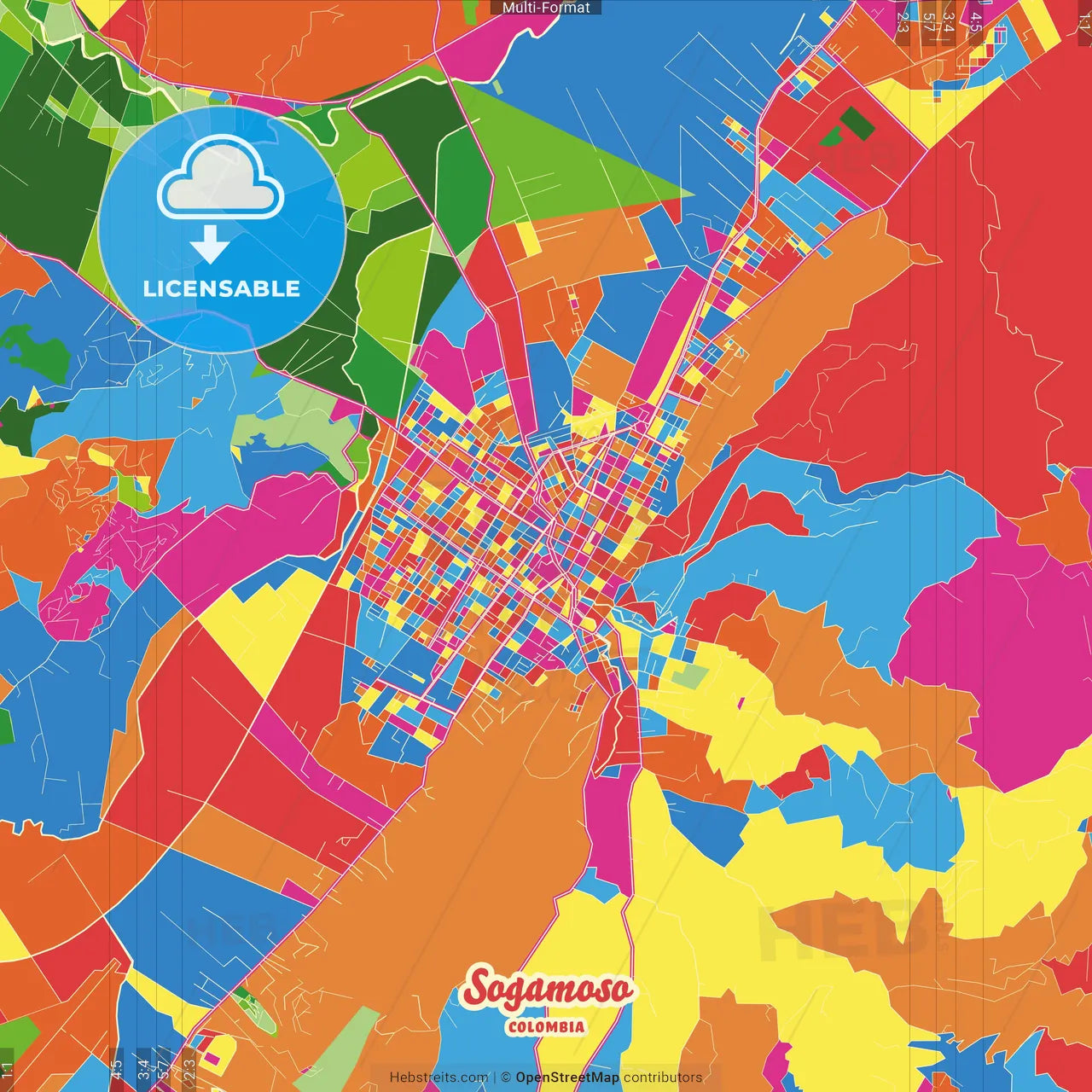 Sogamoso, Colombia Crazy Colorful Street Map Poster Template