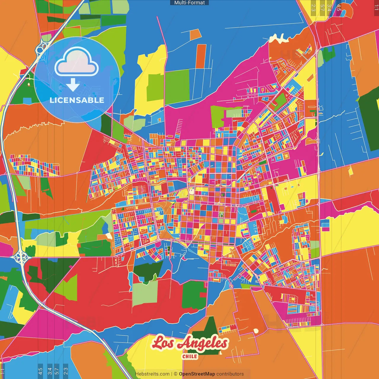 Los Angeles, Chile Crazy Colorful Street Map Poster Template