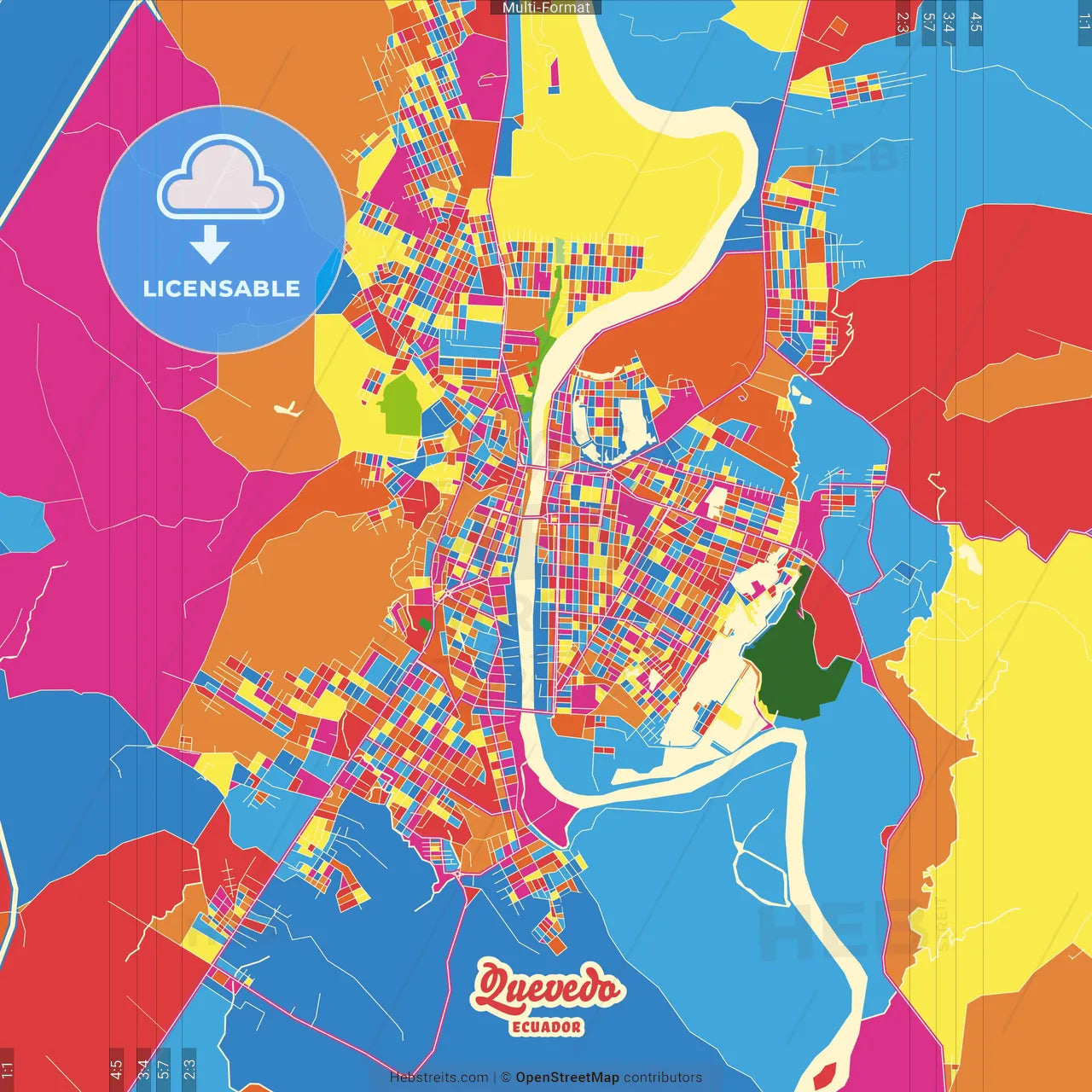 Quevedo, Ecuador Crazy Colorful Street Map Poster Template