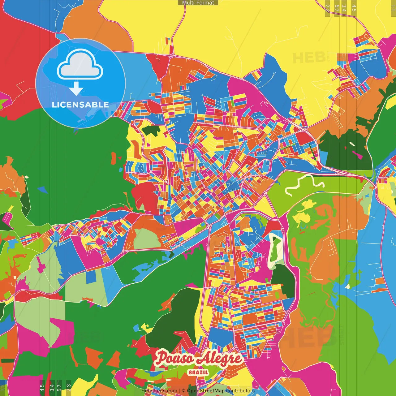 Pouso Alegre, Brazil Crazy Colorful Street Map Poster Template