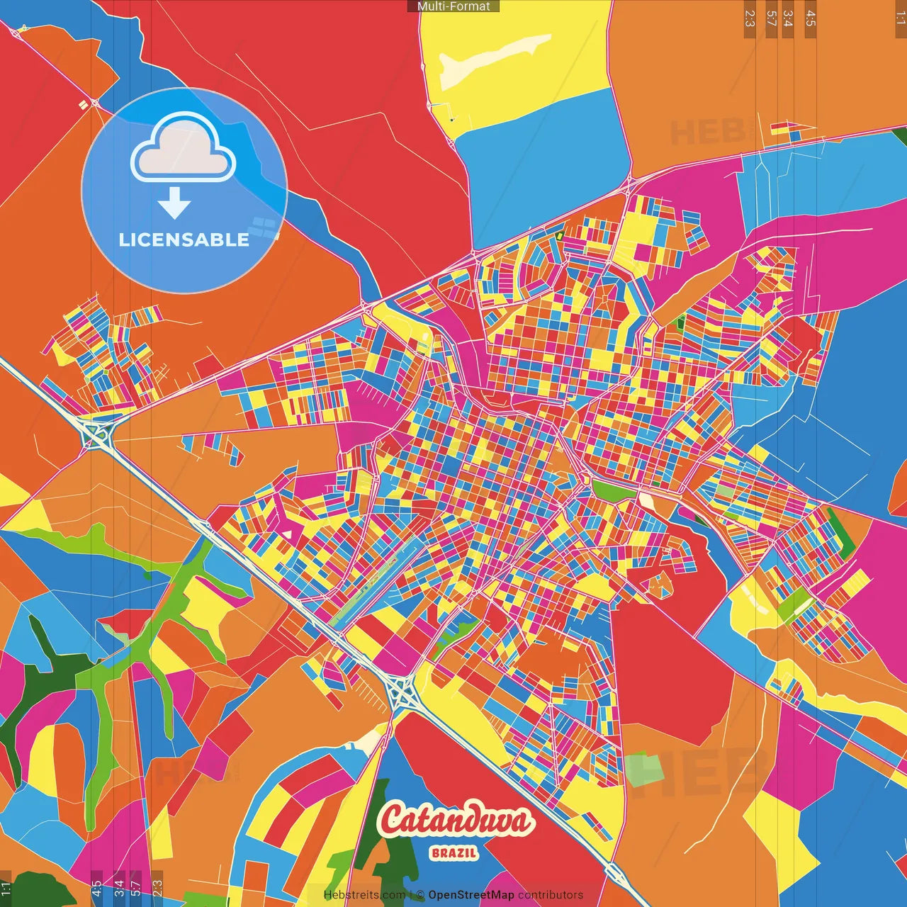 Catanduva, Brazil Crazy Colorful Street Map Poster Template