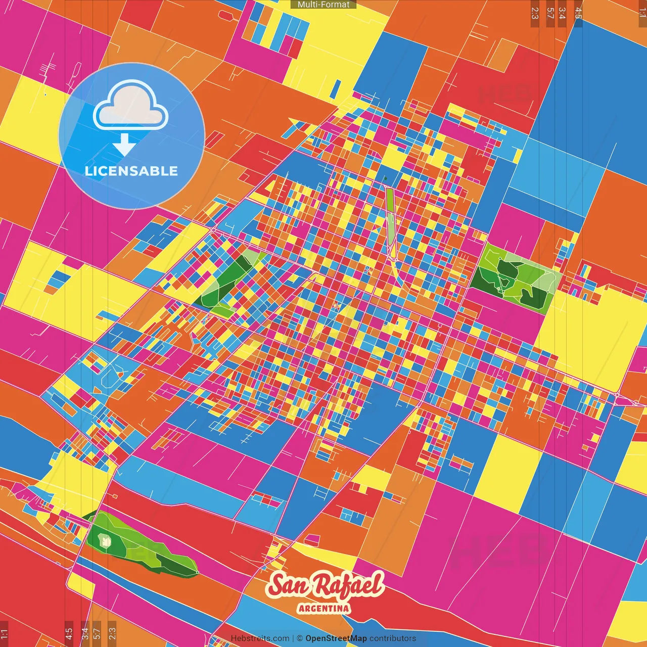 San Rafael, Argentina Crazy Colorful Street Map Poster Template
