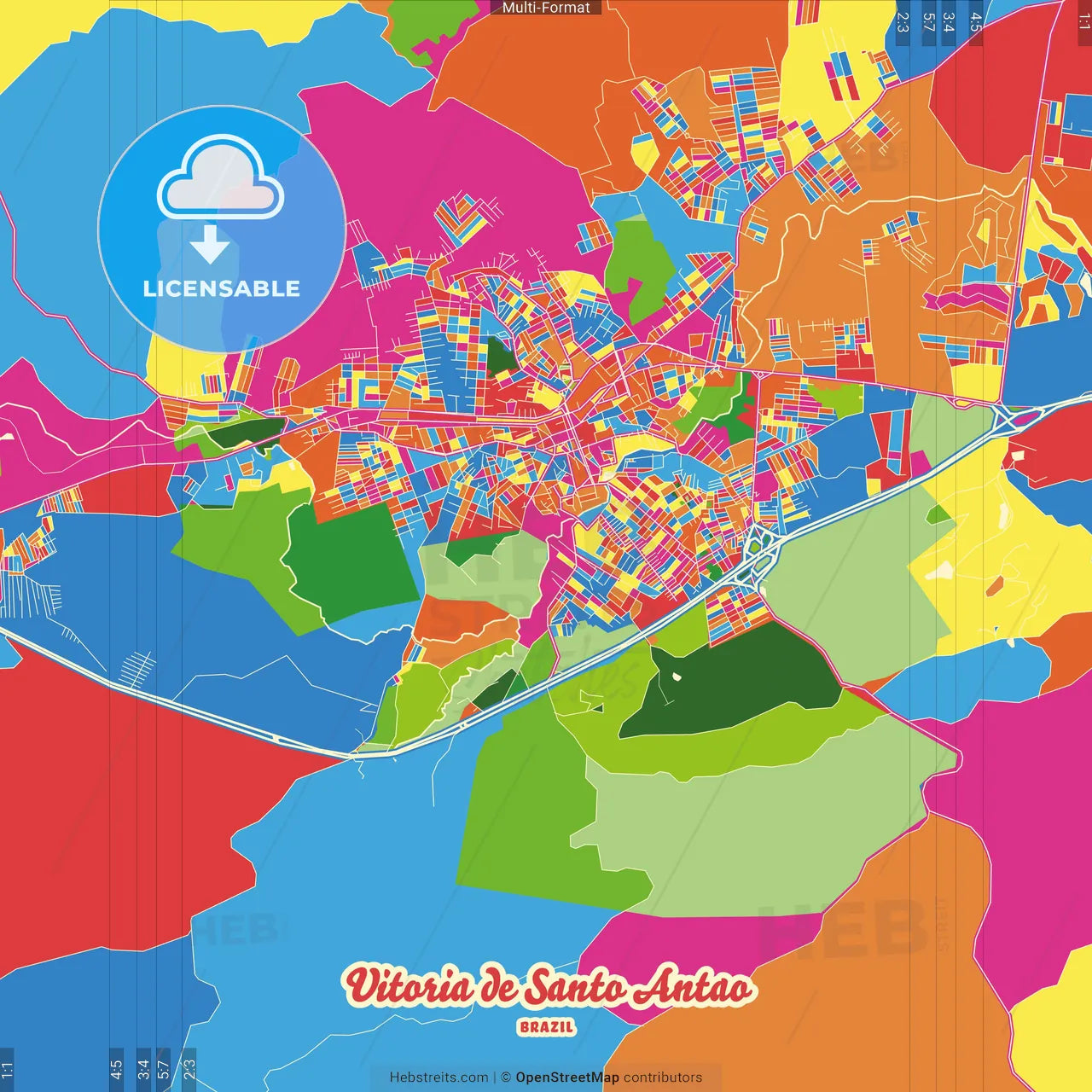 Vitoria de Santo Antao, Brazil Crazy Colorful Street Map Poster Template