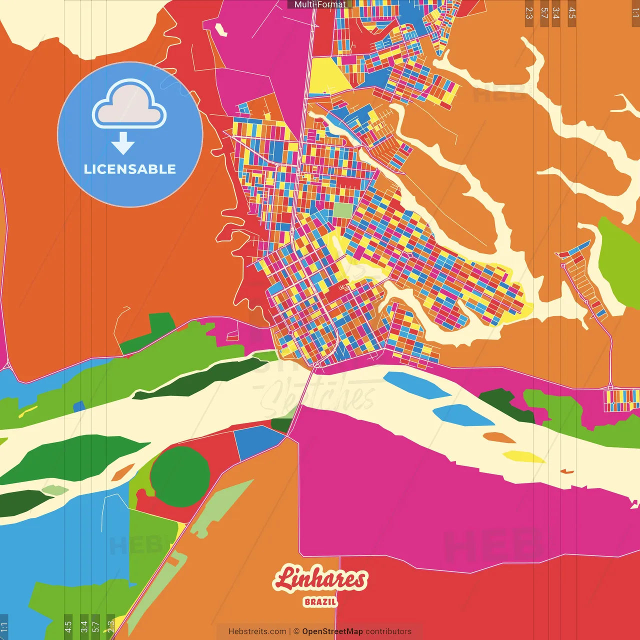 Linhares, Brazil Crazy Colorful Street Map Poster Template