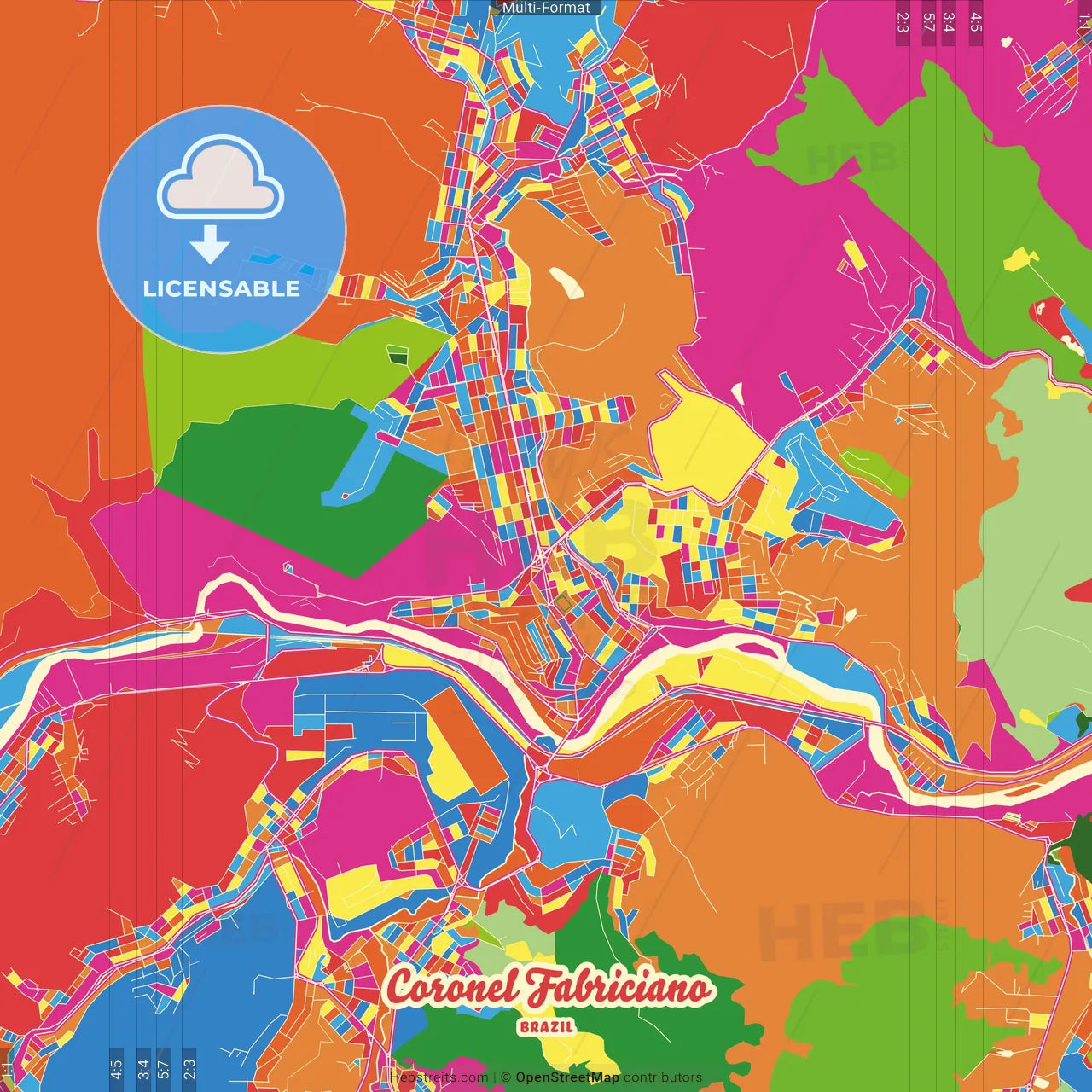 Coronel Fabriciano, Brazil Crazy Colorful Street Map Poster Template