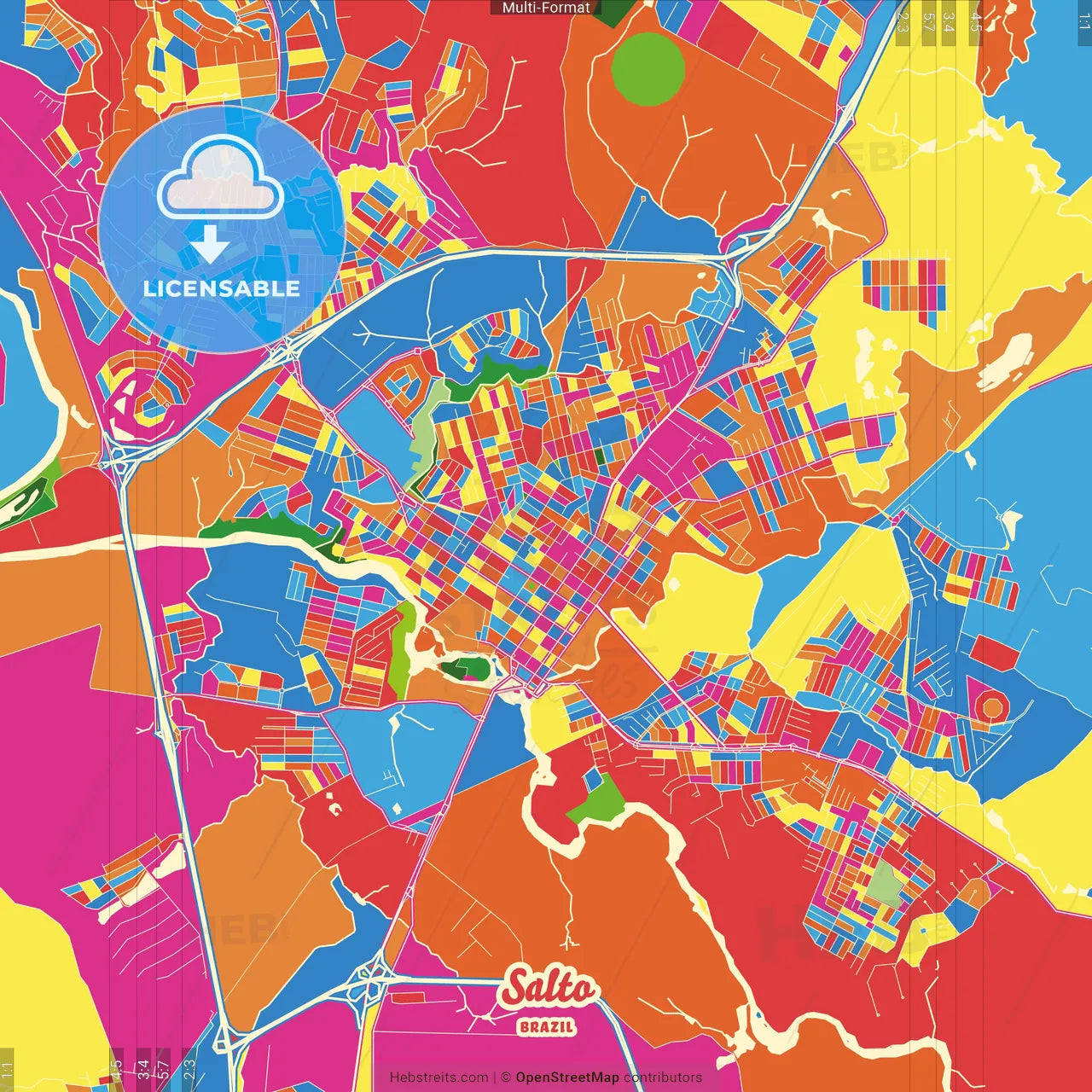 Salto, Brazil Crazy Colorful Street Map Poster Template