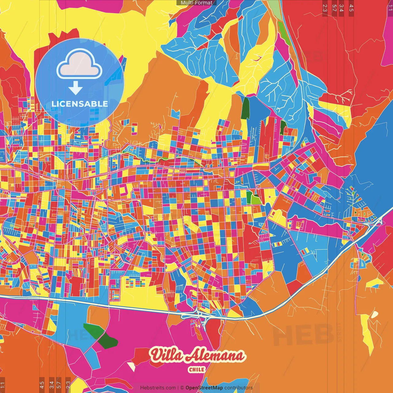 Villa Alemana, Chile Crazy Colorful Street Map Poster Template
